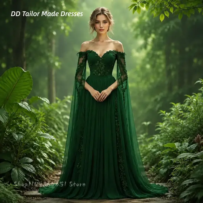 Robe de mariée féerique médiévale épaules dénudées mousseline fluide appliques dentelle pour mariage évadement personnalisable