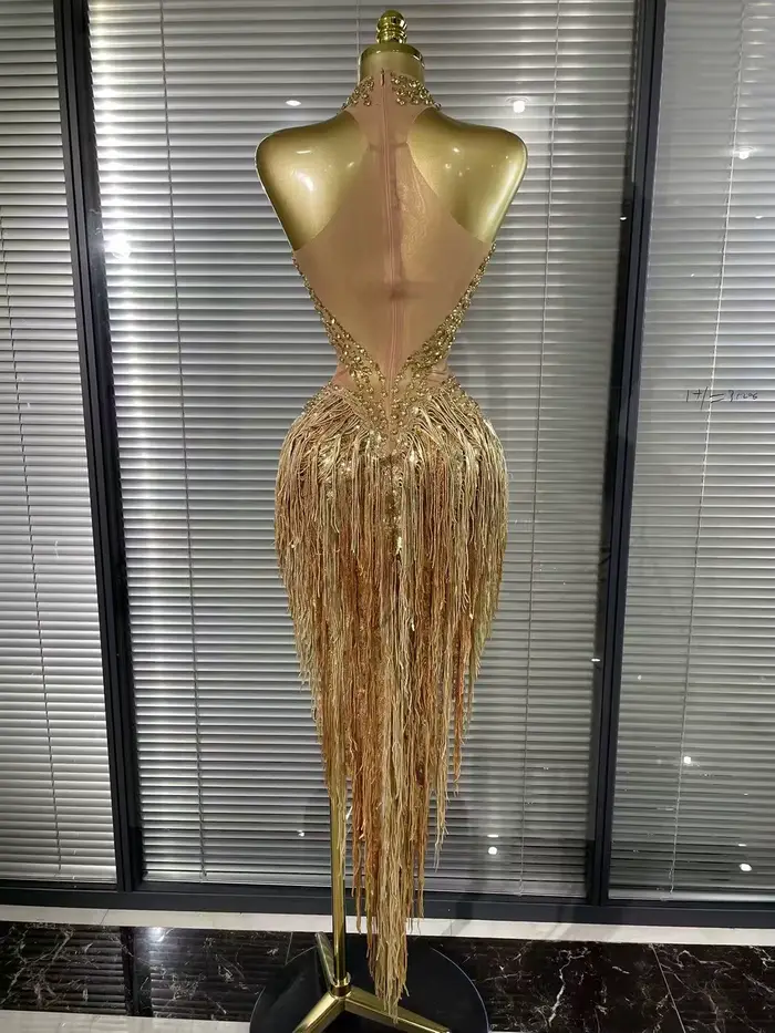 Robe sexy sans manches pour femmes, épaules dénudées, paillettes brillantes, perles, mi-mollet, polyester et élasthanne, pour occasions spéciales et photos d'anniversaire
