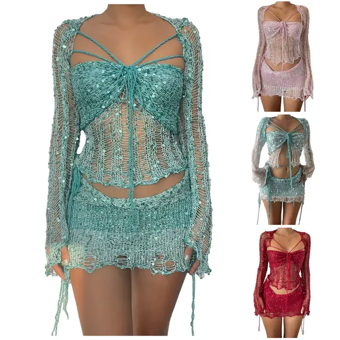 Robe en Tricot à Paillettes et Jupe au Crochet pour Femme