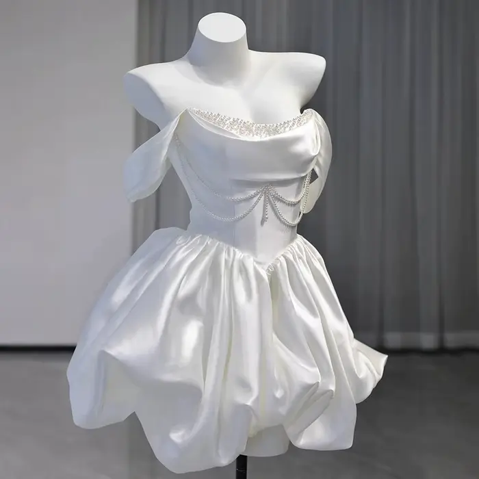 Mini robes de soirée de mariage courtes coréennes, sans bretelles, en taffetas perlé, boléro, Corset