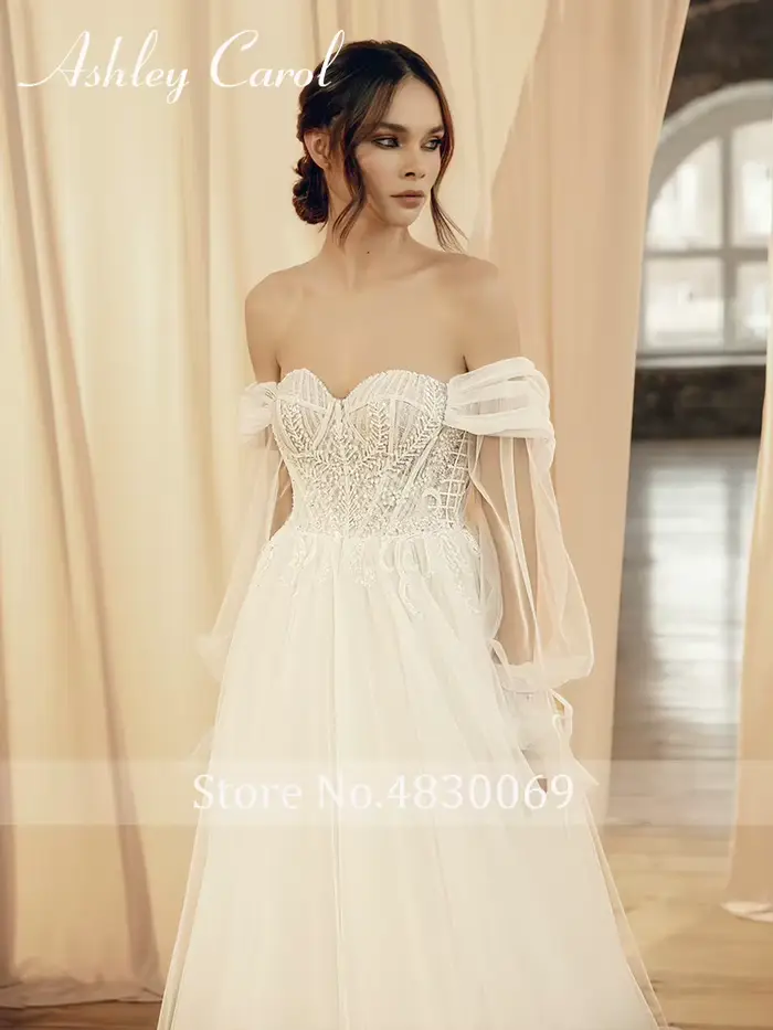 Robe de mariée A-Line Ashley Carol en coton, polyester, soie, mousseline avec col en V, appliques de dentelle, train de la cour pour femmes, occasions spéciales, mariage, prom, célébrités, soirée