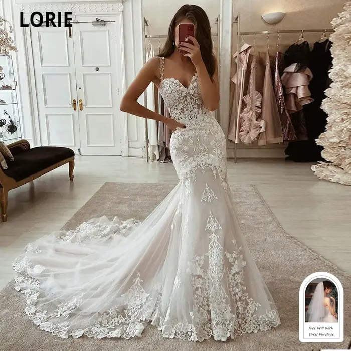 LORIE ivoire sirène robes de mariée dentelle Appliques Tulle