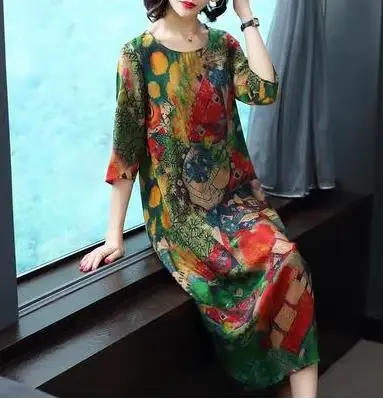 Robe d'été en soie imprimée de haute qualité, Vintage, élégante, grande taille, col rond, pour femme