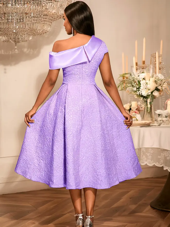 Robe élégante en Jacquard pour femmes, asymétrique épaule dénudée, col diagonale, manches courtes, ligne A, anniversaire, mariage, invité, bureau, dame chic