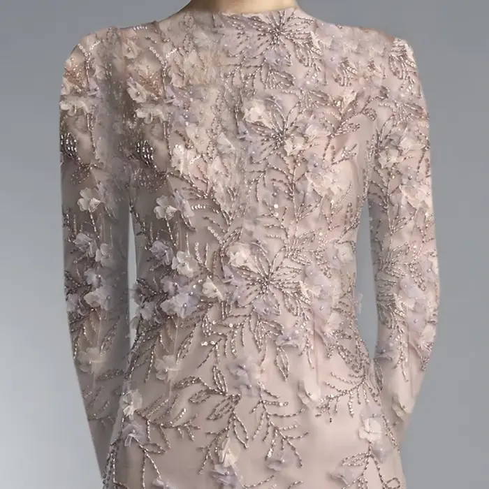 Robe Sirène Élégante à Fleurs en Tulle Tenue de Soirée Longue Brodée Col Rond Manches Sulf Pour Femmes Occasions Spéciales