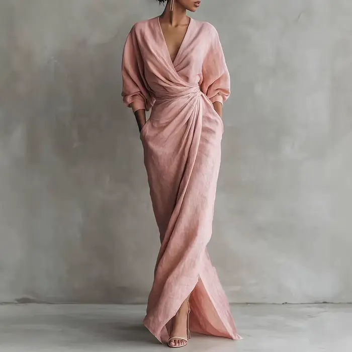 Robe longue moulante élégante pour femme, col en V, taille nouée, manches longues, fendue, couleur u
