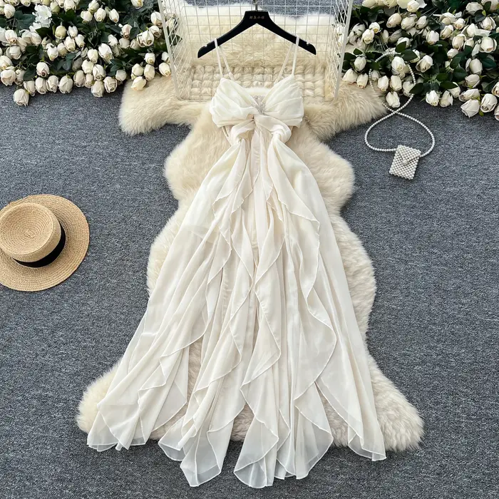 Chic vintage à volants maille asymétrique élégante fée mode coréenne Boho robe d'été femmes vêtements