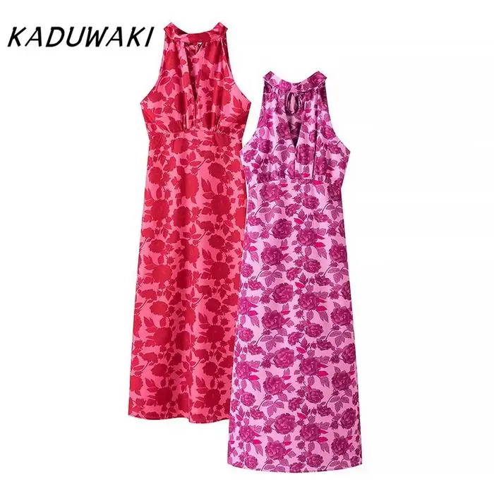 Robe Kaduwaki mi-longue imprimée élégante pour femme dos nu robe de soirée robe de plage mince mode estivale vacances sexy sans manches tricotée composition fibre synthétique polyester acétate
