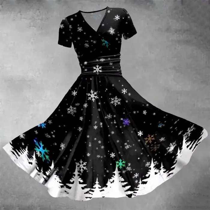 Robe trapèze à manches courtes et col en V pour femmes