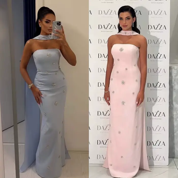 Robe de soirée bleue de luxe avec corsage perlé et Cape détachable Serene Hill LA73100 personnalisée 2025