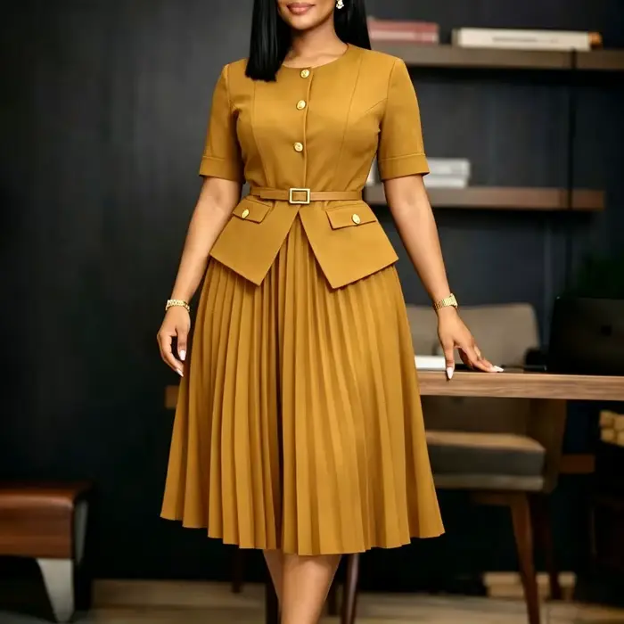 Robe Blazer Africaine pour Femme Bordeaux Plissée Mi-longue avec Manches Courtes Col Revers Col en V Élégante Formelle pour le Bureau