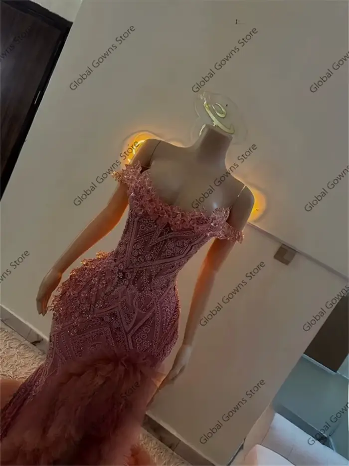 Robe de bal rose à épaules dénudées, ornée de perles et de cristal, silhouette sirène, pour soirées officielles, personnalisable