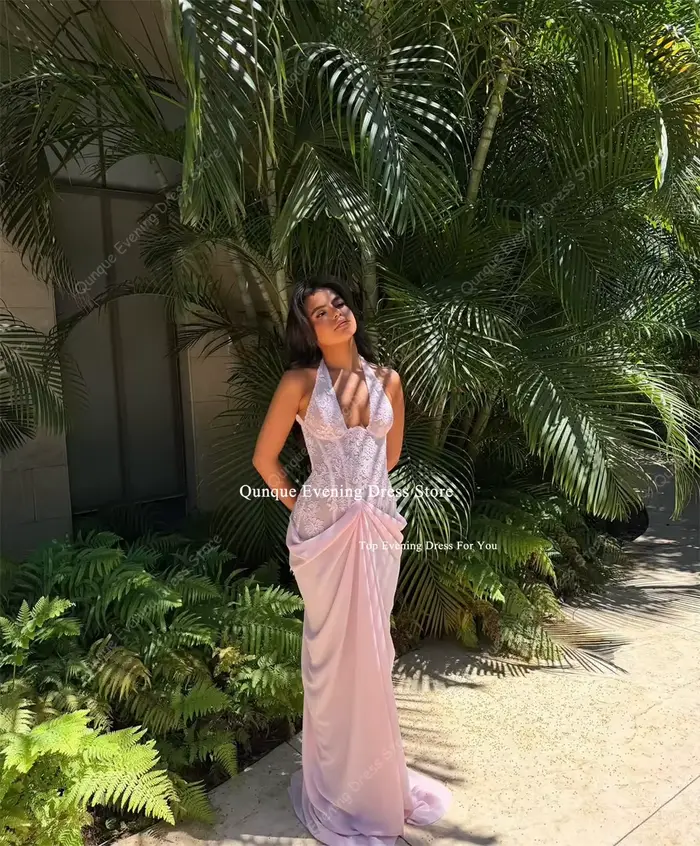 Robe de soirée rose sirène Qunque Beach, col halter, dentelle, Vestidos Verano Mujer, en mousseline, pour invitées de mariage, personnalisable