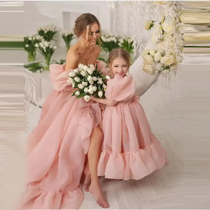 Robe de soirée en organza rose pour mère et fille, élégante, sur mesure, à volants, pour séance phot