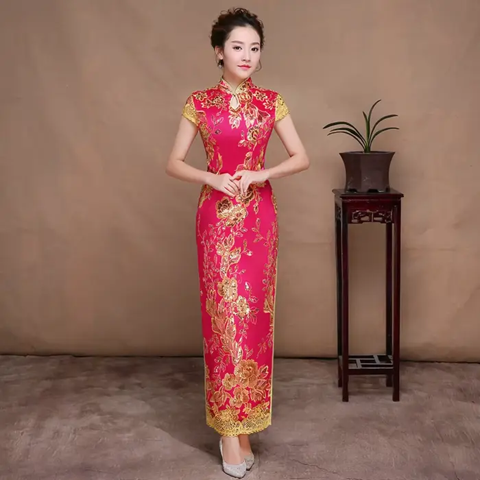 Robe longue rouge à paillettes pour femmes, nouvel an chinois, cheongsams, qipao, robe de mariée, ta