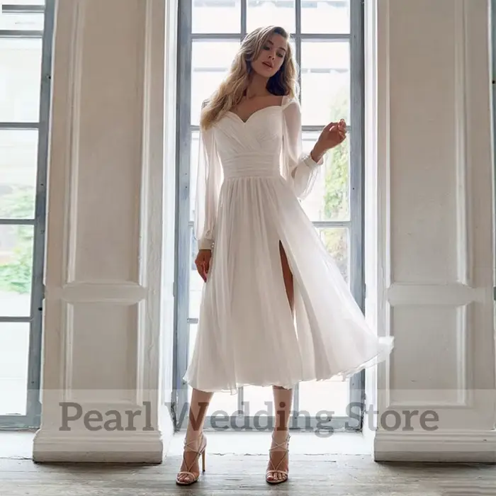 Robe de Mariée Simple en Mousseline de Soie, Longueur Thé, Chérie et Manches sulf, Fendue sur le Côté, Plis Dos auxSexy, pour Patients Personnalisés