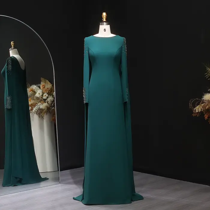 Sharon Said encolure dégagée Cape robe de soirée verte à manches longues perles de cristal pour femm