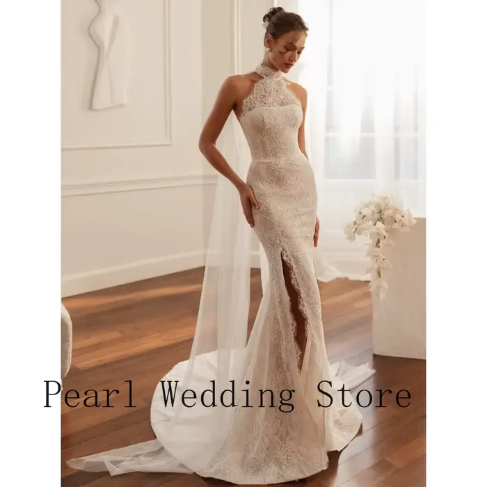 Robe de mariée sirène à col halter en dentelle – Robe de mariée avec cape en tulle transparent et fe