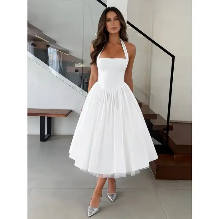 Élégante Robe Midi Blanche Française pour Invitée de Mariage Femme, Col Halter, Corset, Robe de Cocktail pour Douche Nuptiale, Robe en Tulle à Nœud au Dos, Coupe Évasée