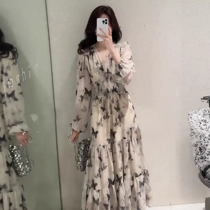 Robe florale papillon pour femmes, nouvelle collection automne-hiver 25, col en v français, impressi