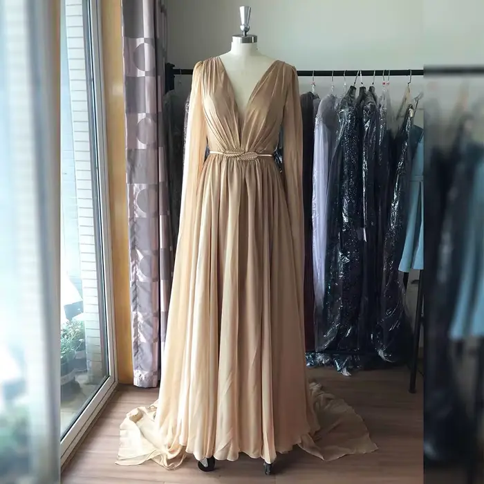 Robe de Soirée Élégante en Mousseline Boîteuse avec Manches Longues et Col Rond Doré pour Femme Occasions Spéciales Soirées Officielles Mariages Bal