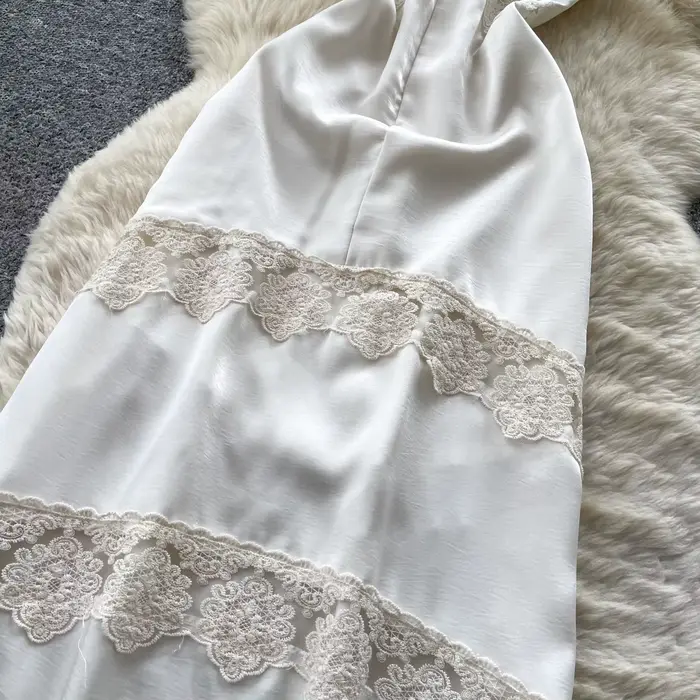 Robe longue trapèze élégante pour femme style vacances française dentelle blanche patchwork taille haute été occassions spéciales