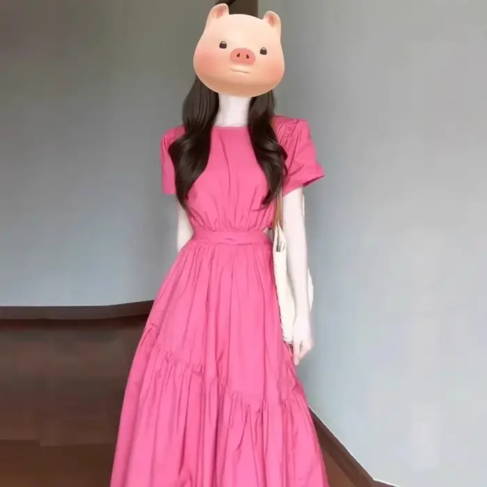 Robe longue rose à manches bulles pour femmes