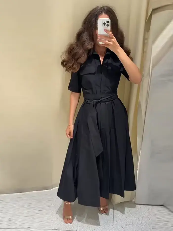Robe longue noire classique pour femme avec lacets et col rabattu coupe ajustée occasionnelle soirée spéciale