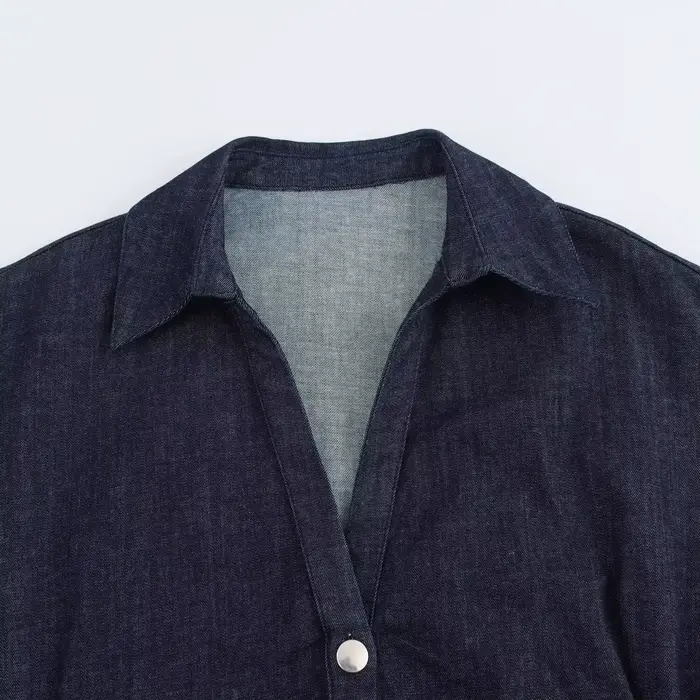 ETJ 2025 printemps nouvelle série 1975 robe MIDI en denim avec revers côté fermeture éclair mode rides taille mince