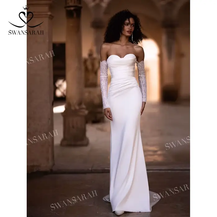 Robe de Mariée Princesse Sirène Chérie Satinée avec Train Amovible pour Femmes Occasions Spéciales