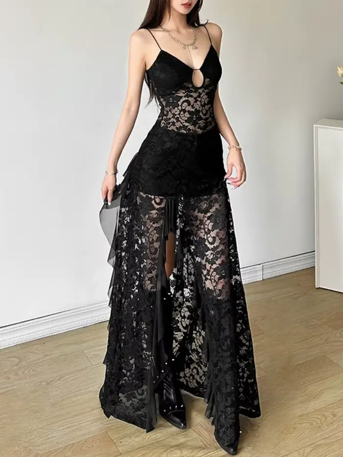Robes longues en dentelle noire unie pour femmes, vêtements d'été Y2k, col en v, bretelles Spaghetti