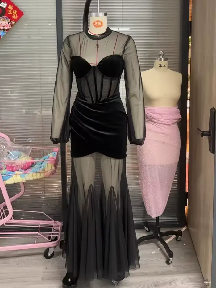 Robe longue noire sirène sexy en polyester pour femmes occasions spéciales soirée晚会长裙Sexy黑色女士鱼尾晚礼服派对场合