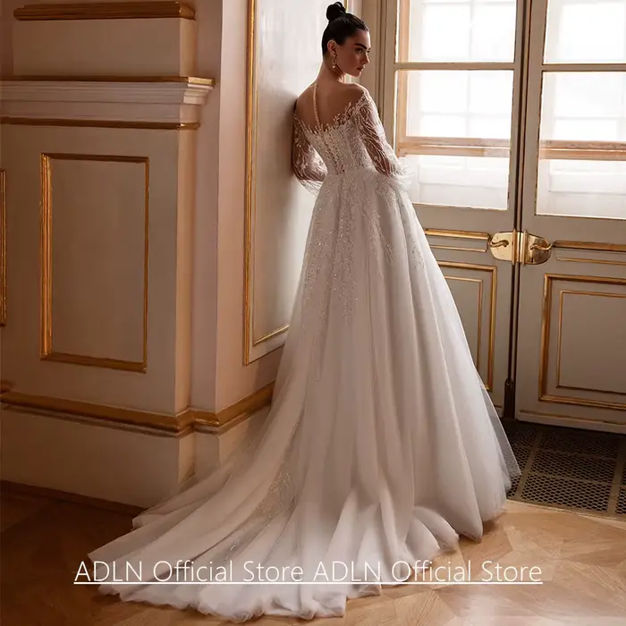Robe De mariée robes De Novia personnalisé pure manches longues scintillant perles appliques balayage Train