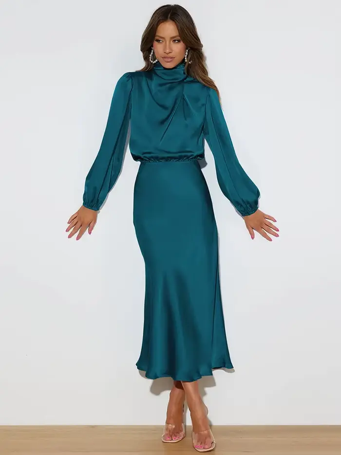 Robe de soirée en satin polyester pour femmes, taille S/M/L/XL, élégante, asymétrique, collier écharpe, longue, pour soirées et événements formels