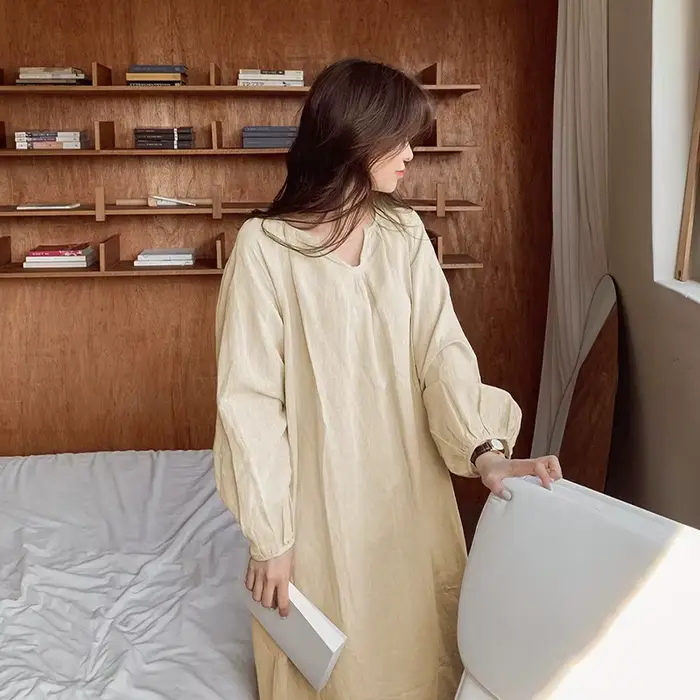 Robe pyjama vintage 100% coton pour femmes, col en V, manches longues, style coréen, confortable, te