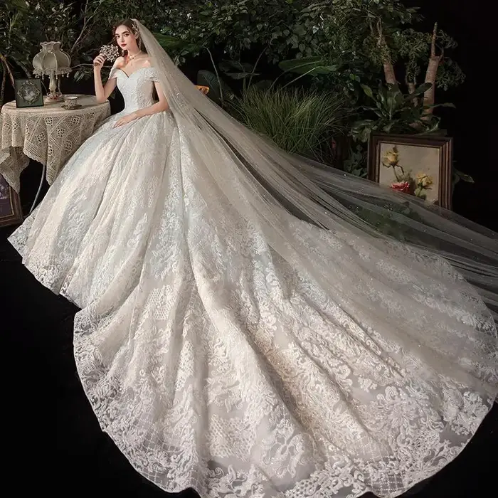 Robe de Mariée Élégante en Dentelle avec Traîne Col Bateau Luxe Occasions Spéciales Blanc Ivoire Taille Personnalisable