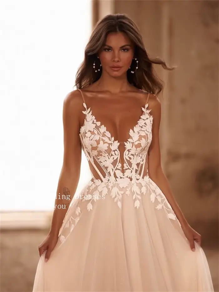 LORIE luxe 3D dentelle une ligne robe de mariée col en V dos nu robes