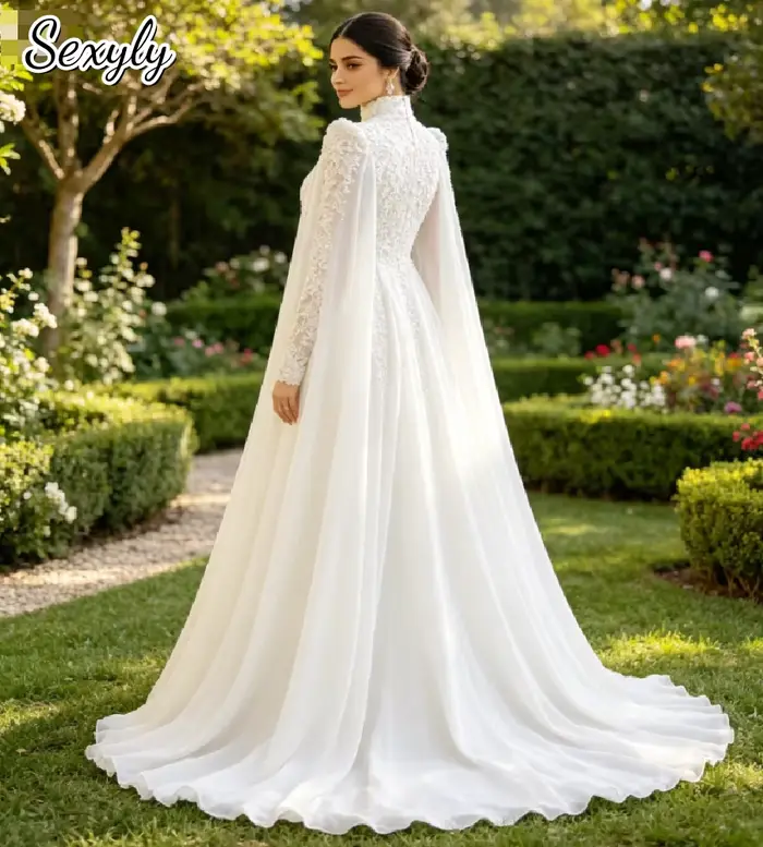 Robe de Mariée Musulmane Élégante avec Cape Appliquées en Dentelle Occasions Spéciales Modeste Abaya Islaque Bohème