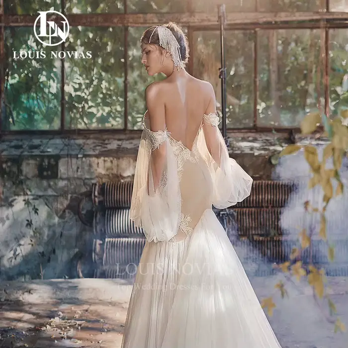 Modis-Robes de mariée sirène dos nu à manches bouffantes