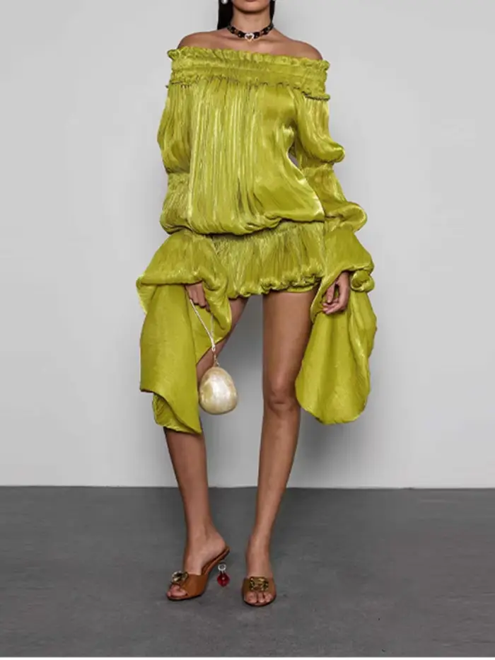 Robe Courte Plissée Vert Citron Épaules Dénudées Chic Taille Froncée Effet Bulle Vistidos Femme Manches Longues