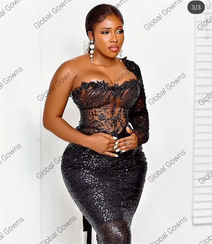 Aso Ebi-Robe de soirée noire à fleurs 3D perlées pour femmes