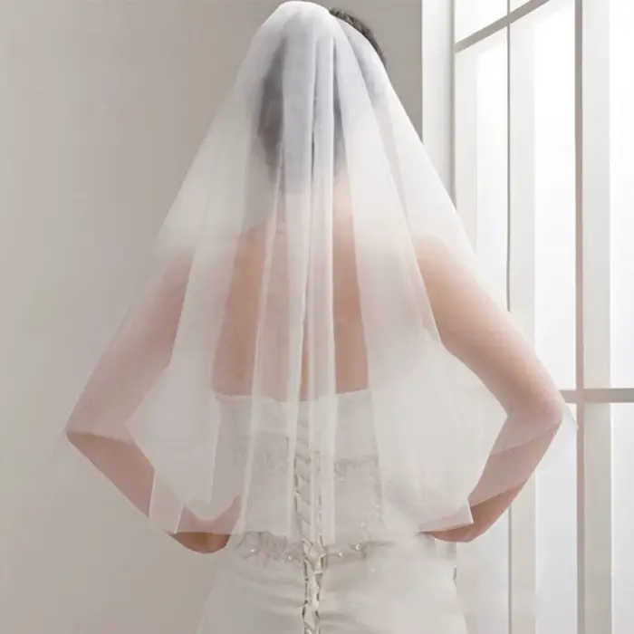 Voile de Mariage court bon marché avec peigne, bord coupé, 2 couches, accessoires de Mariage simples, 2024