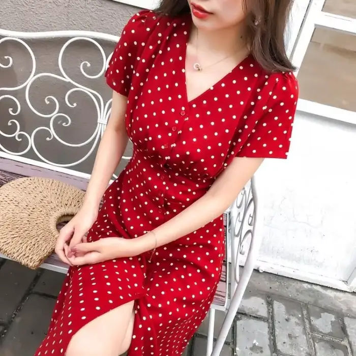 Robe mi-longue en mousseline de soie pour femme, tenue de soirée coréenne, courte, légère, tunique florale, mode vintage, rouge, à pois, décontractée, été, élégante à offrir pour les occasions spéciales
