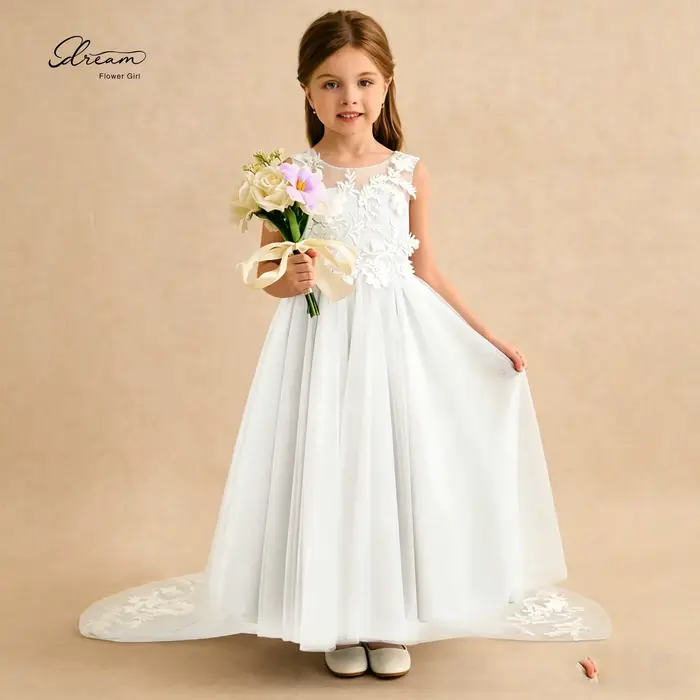 Robe de demoiselle d'honneur blanche sans manches avec appliques en dentelle, encolure illusion, jup