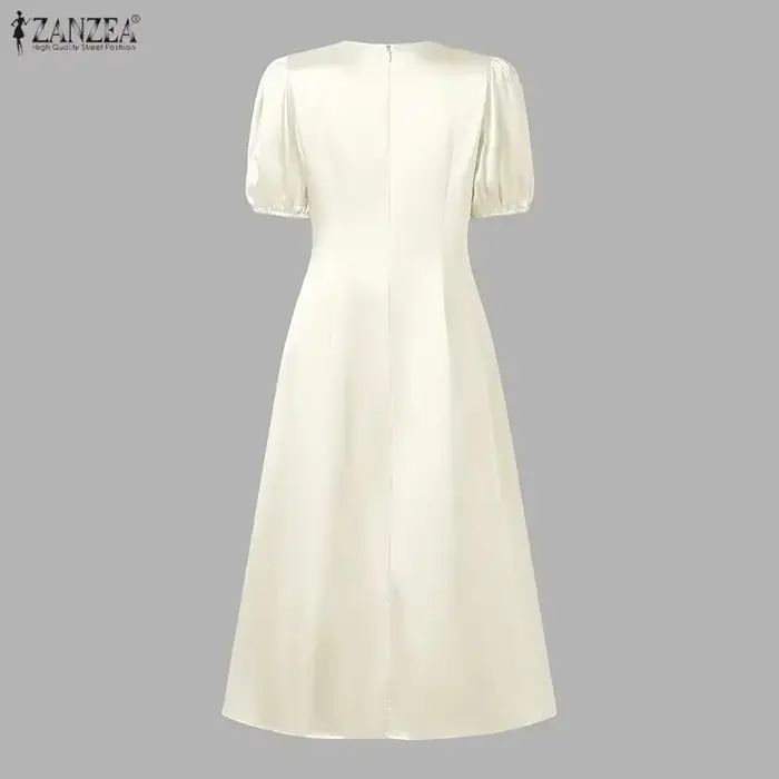Robe de soirée élégante pour femme brodée col en V manches bouffantes en satin longueur midi coupe trapèze couleur unie occassions spéciales