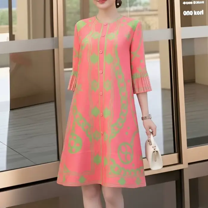 Robe plissée évasée à imprimé floral rose rouge pour femme LANMREM