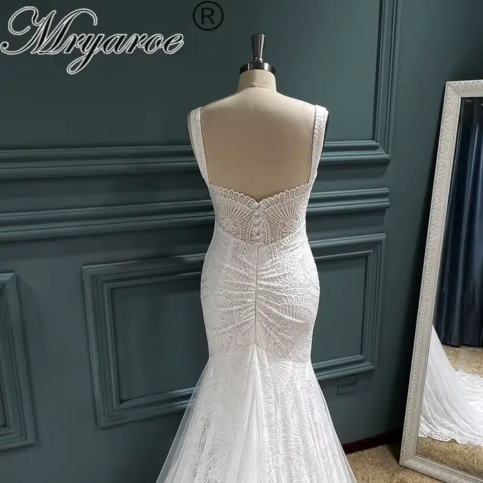 Robe de mariée bohème col en V dentelle extensible silhouette sirène pour femmes occasions spéciales