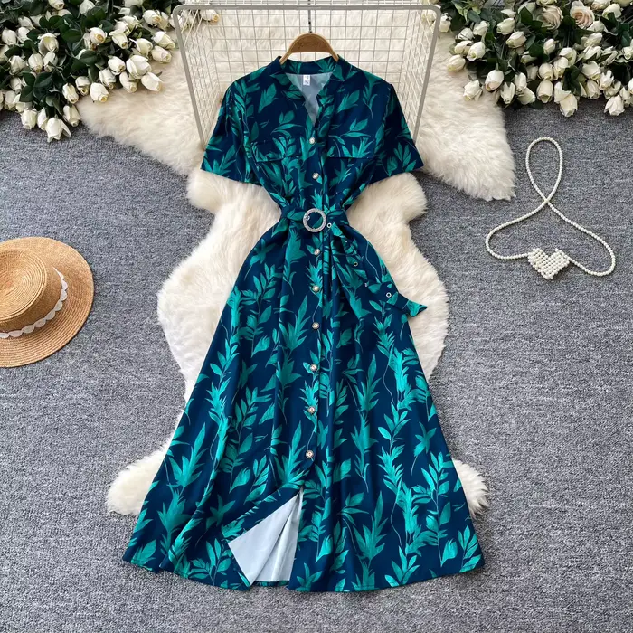 Robe longue à imprimé floral de style vintage pour femmes, col en V, manches courtes, décontractée, chic, pour les sorties en ville, pour les vacances en France