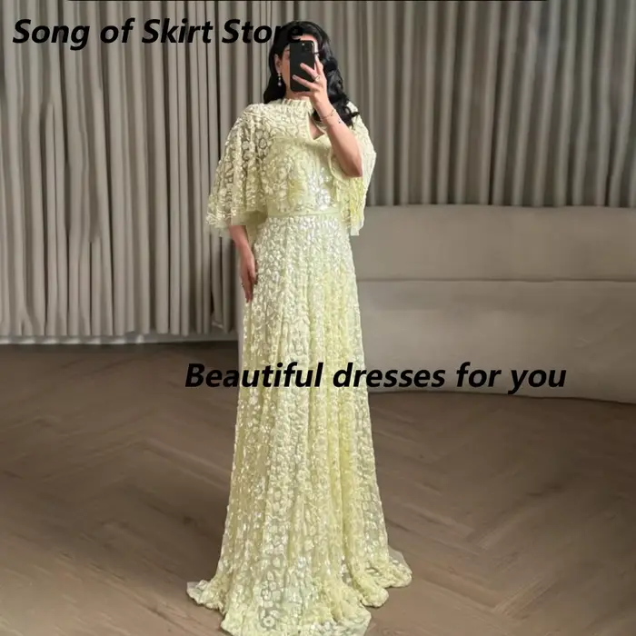 Robe de soirée de luxe jaune avec appliques en dentelle, robe de soirée élégante, coupe trapèze, lon