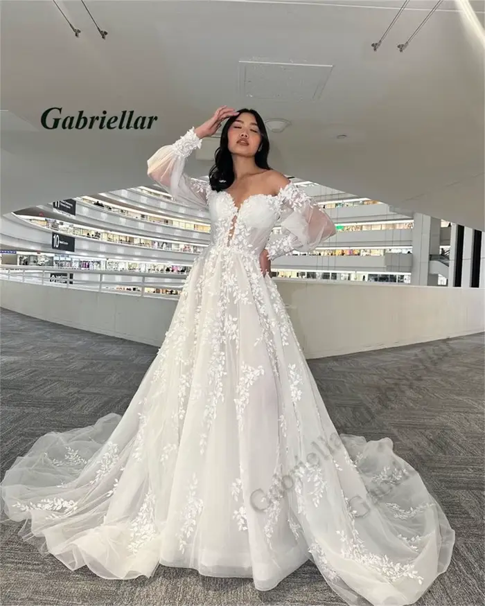 Robe de mariée Gabriellar en polyester avec manches lanternes, décolleté Mon Amour, train de chapelle, pour femmes enceintes, occasions spéciales et cérémonies de prestige